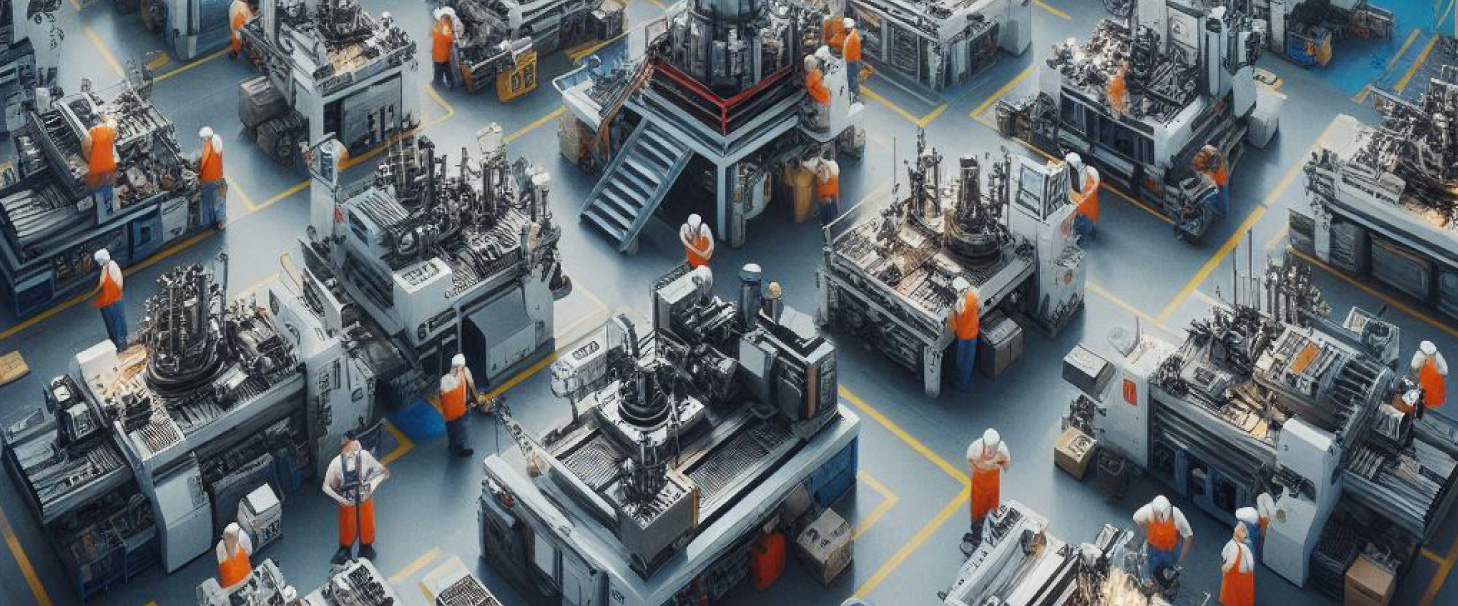 An image of a machine shop viewed from a bird's-eye perspective, with many workers performing tasks in orange coveralls
