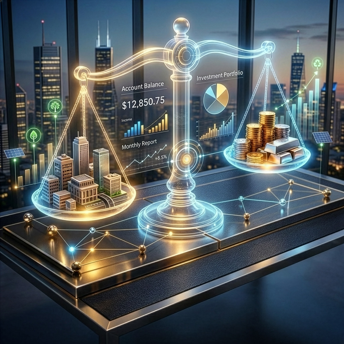 Balance scale comparing real estate buildings and gold coins with financial charts and portfolio data, illustrating investment diversification and asset allocation.