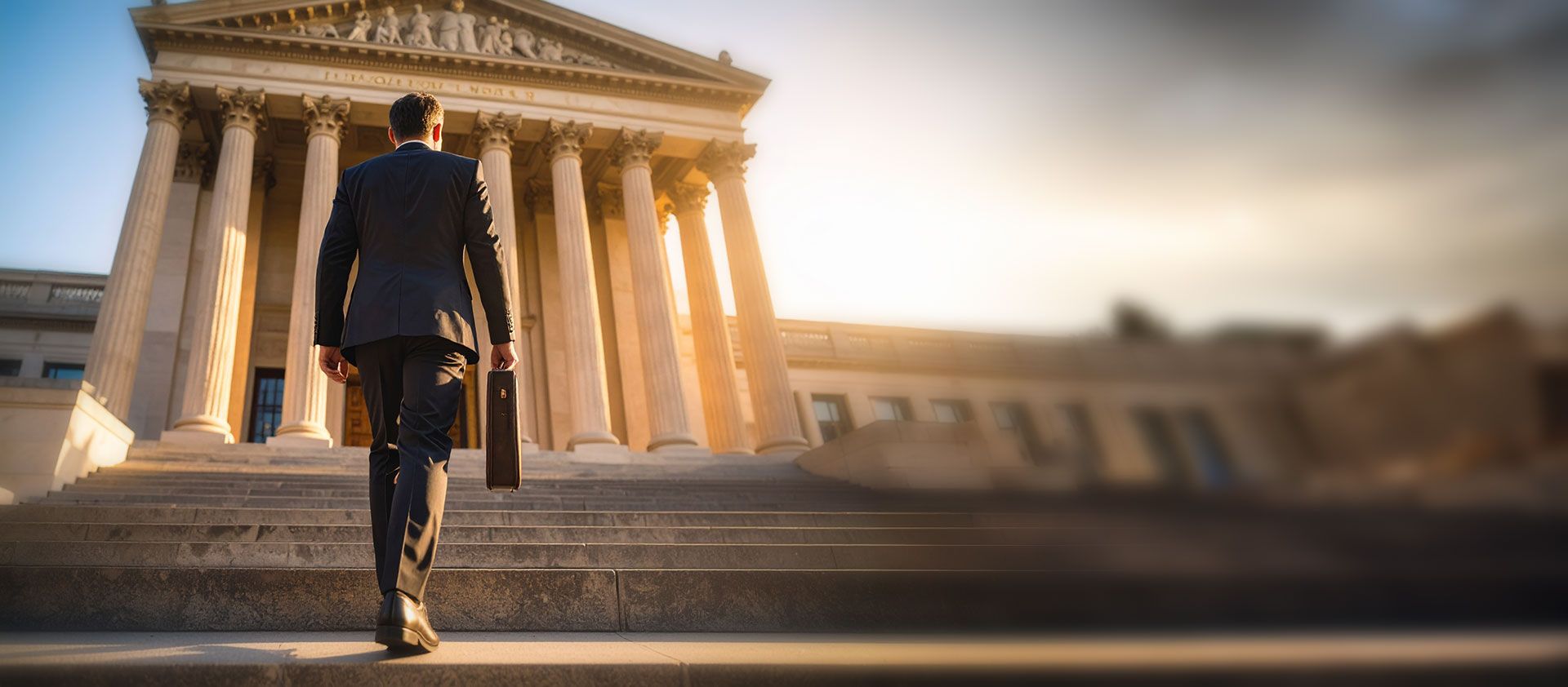 A man in a suit, carrying a briefcase, ascends the steps to the entrance of a bank designed in a Greco-Roman architectural style